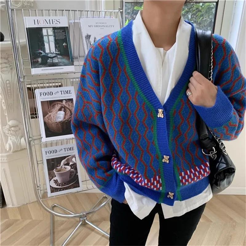 Contrasting Wool Sweater Women Wavy Striped Cashmere Knitted Cardigan Autumn Winter Loose Bear Button Soft Knitwear Korean 025H