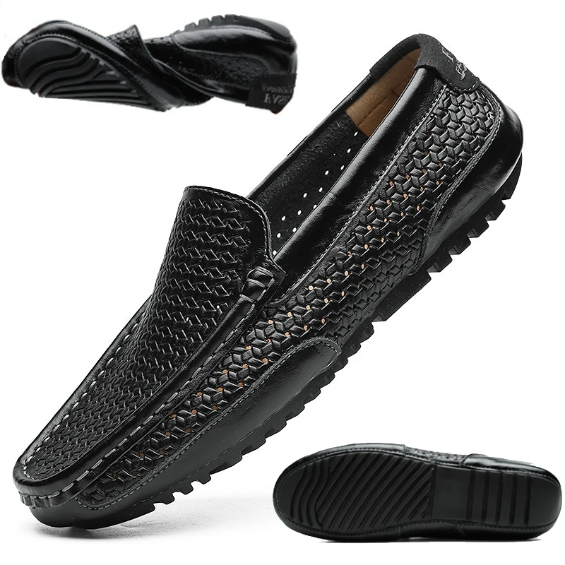 Black Men Shoes Casual Genuine Leather Mens Loafers Moccasins Luxury Brand Italian Breathable Slip on Boat Shoes 2024