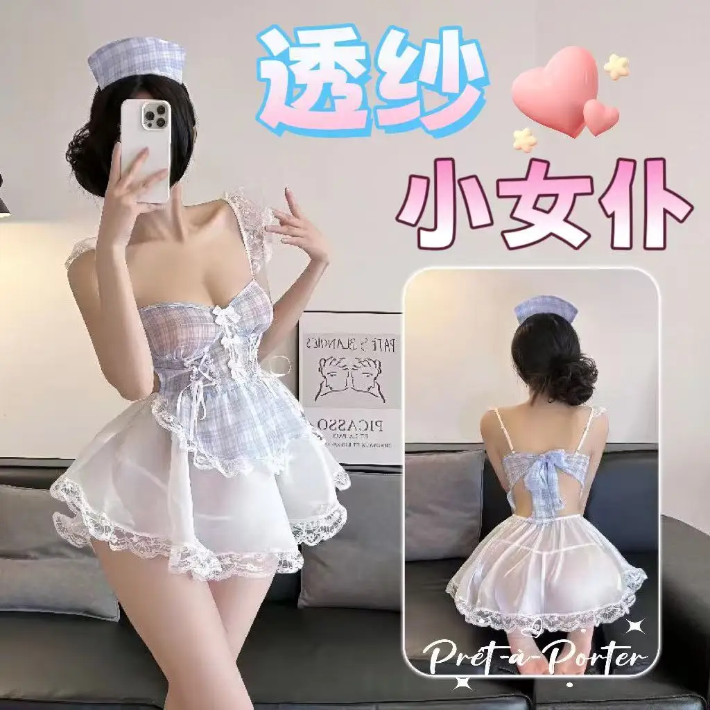 淡いチェック×シアーのナース風コルセットセット — 胸とウエストを強調