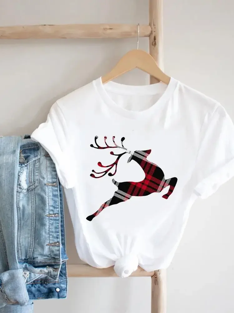 Graphic T Shirt Fashion Clothing Deer Face Trend Print T-shirt New Year Christmas Women Top Holiday Female Short Sleeve Tee