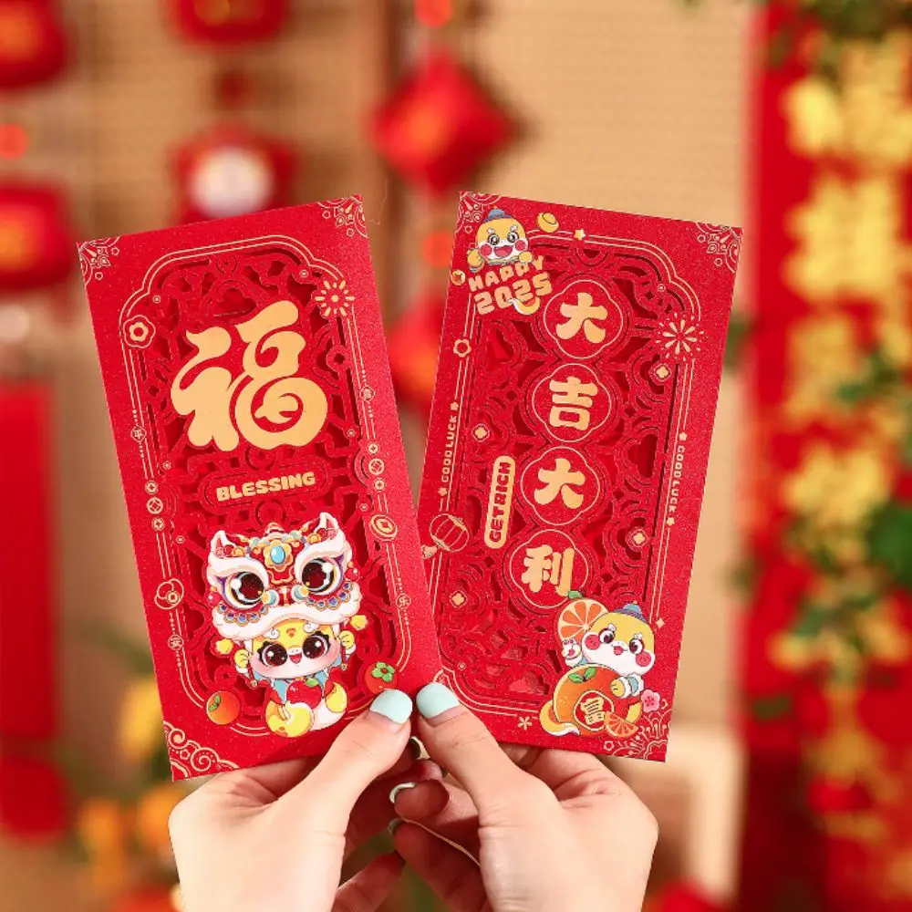 6pcs Spring Festival Essentials 3D Chinese New Year Red Envelope with Tassel Hollow Lucky Money Bag Mixed Pattern HongBao Kids