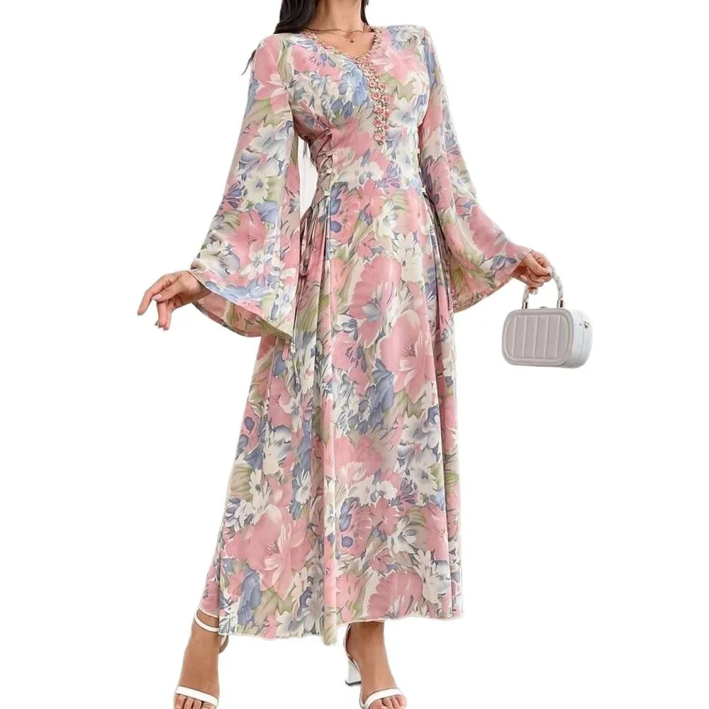 Faionable Bedruckter langer Sve Dr Ele A-Linien-Rock mit hoher Taille V-Ne Summer Commute Sle Chinesischer Hersteller