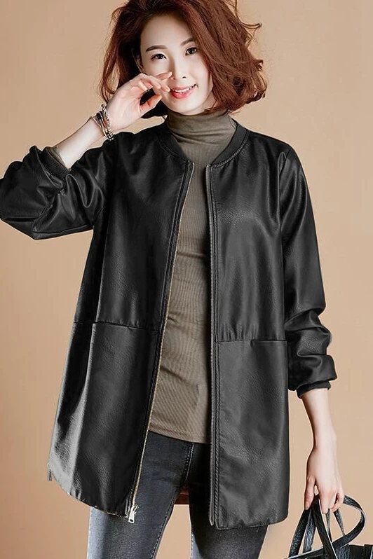 Women's Motorcycle Style PU Leather Jacket Mid-Length Loose Fit Fashionable Retro Beautiful Outerwear Spring Season Zipper