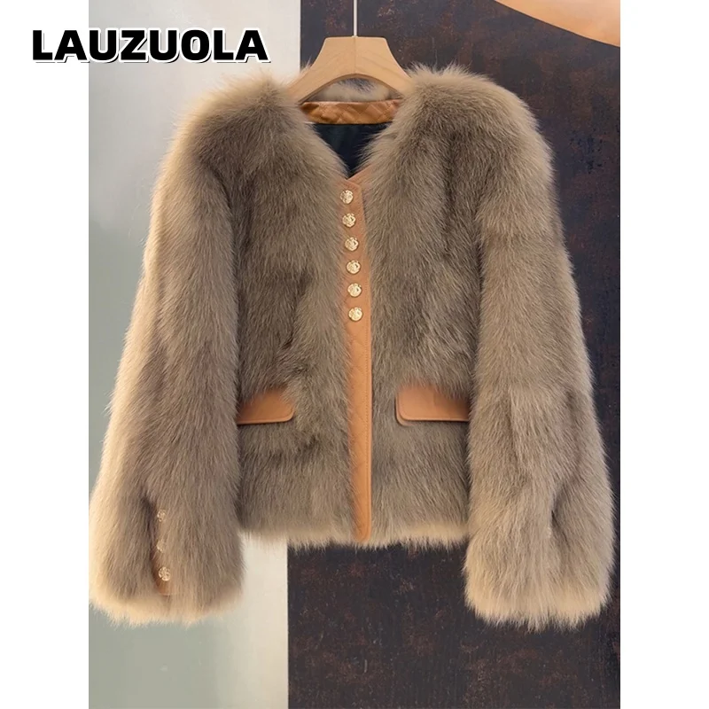 Women Faux Fur Jacket V Neck Gold Buttons PU Leather Splice Pocket Short Coat Elegant Winter Warm Furry Outerwear Ladies