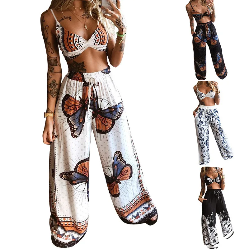 Camisoles Two Piece Set Women Printed Butterfly Printed Cropped Top Loose Wide Leg Trousers Sets Bohemian Beach Style Summer New