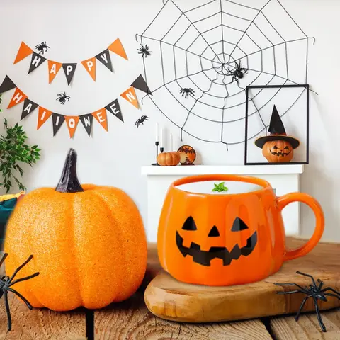 Halloween Pumpkin Mug 13OZ Orange Lantern Ceramics Coffee Cup with Handle for Coffee Espresso Themed Drinking Cup for Women Men