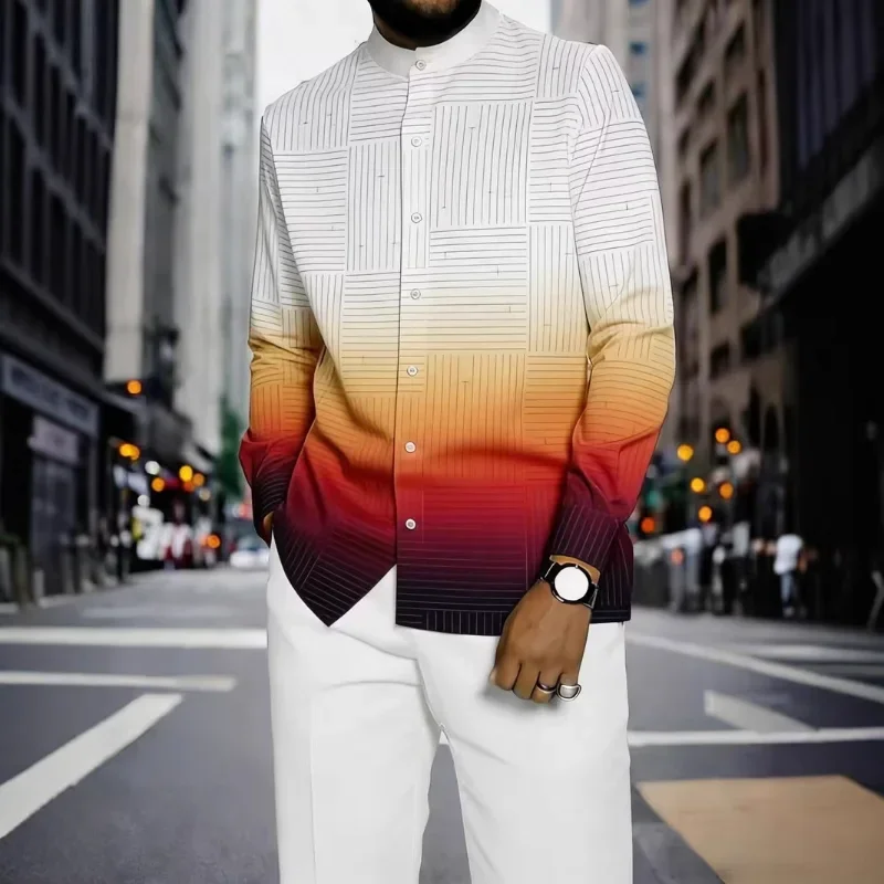 Men Gradient Striped Stand Collar Long Sleeve Shirt Casual Button Down Top For Autumn