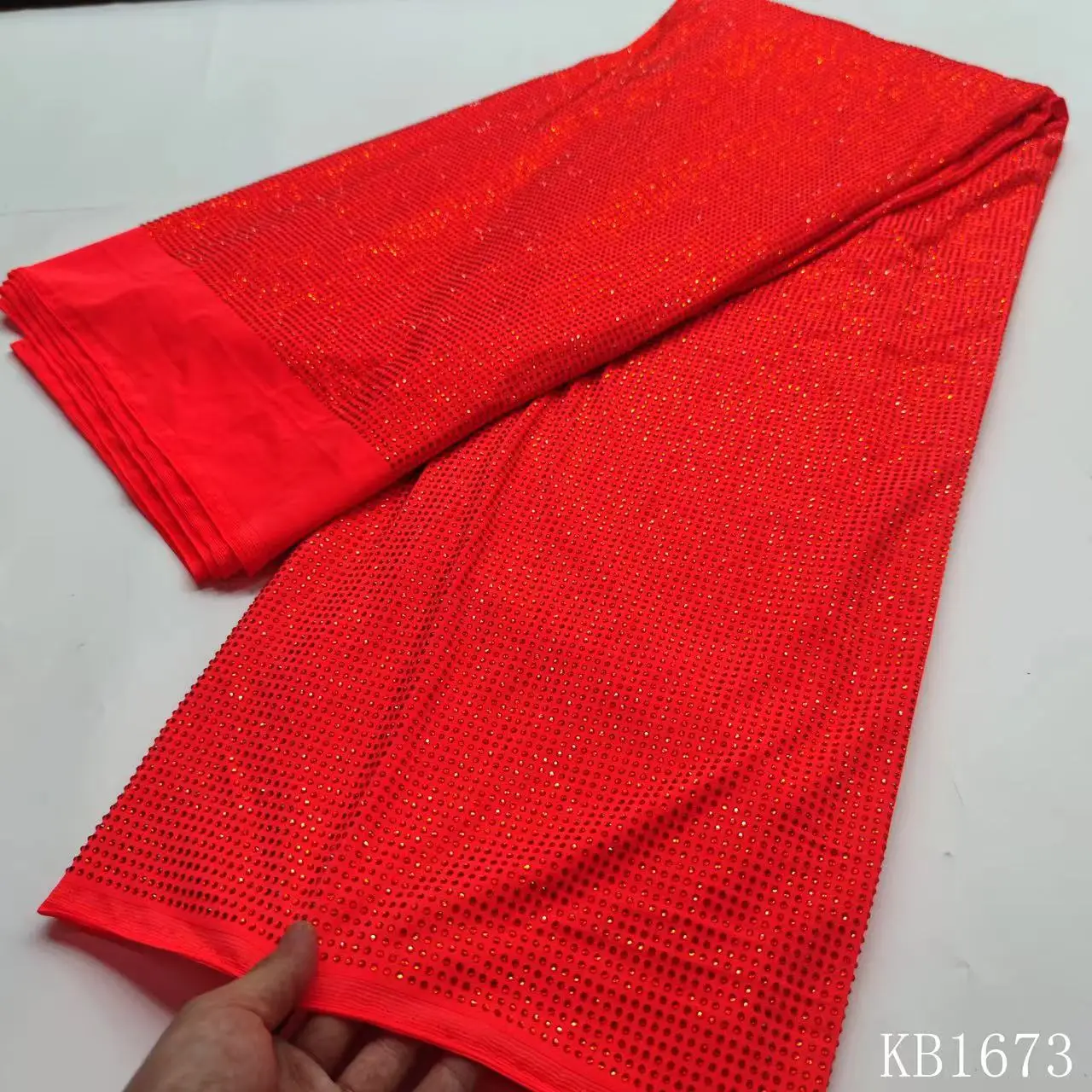 

Latest 1 Yard Plastic Rhinestone Elastic Net Lace High Quality 2025 Dubai Stone Beaded Lace Fabric Mesh For Wedding Dress KB1673