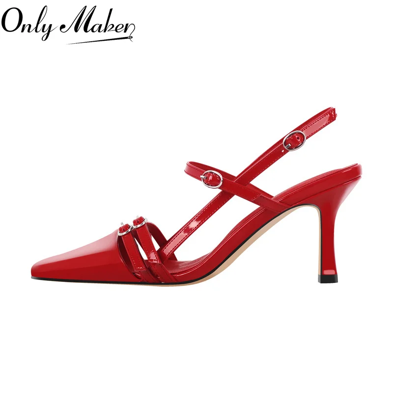 Onlymaker Women Red Pointed Toe Sandals Blac Patent Leather Ankle Buckle Thin High Heels Summer Sling- Backs Sandals