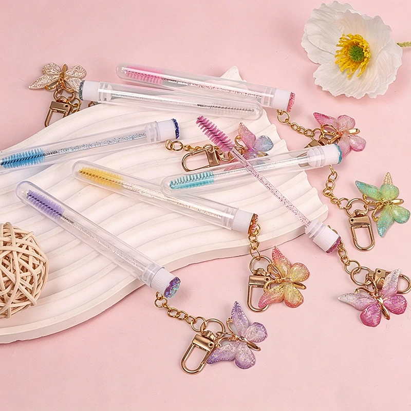 Reusable Eyelash Brush Tubes Butterfly Keychain Sparkling Lash Mascara Wands Tubes Container Lash Spoolies Comb Brushes Tools