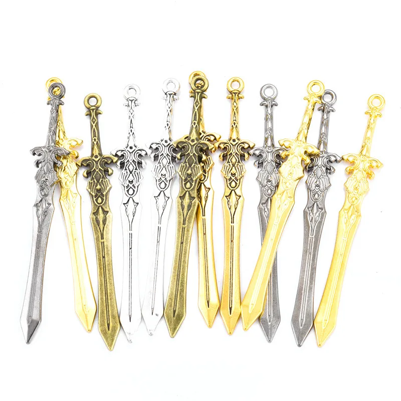 10PCS 5 Color Mixed Alloy Charms Knight Sword Knife Gun Bow Weapons Pendant For DIY Handmade Jewelry Material 70X11mm