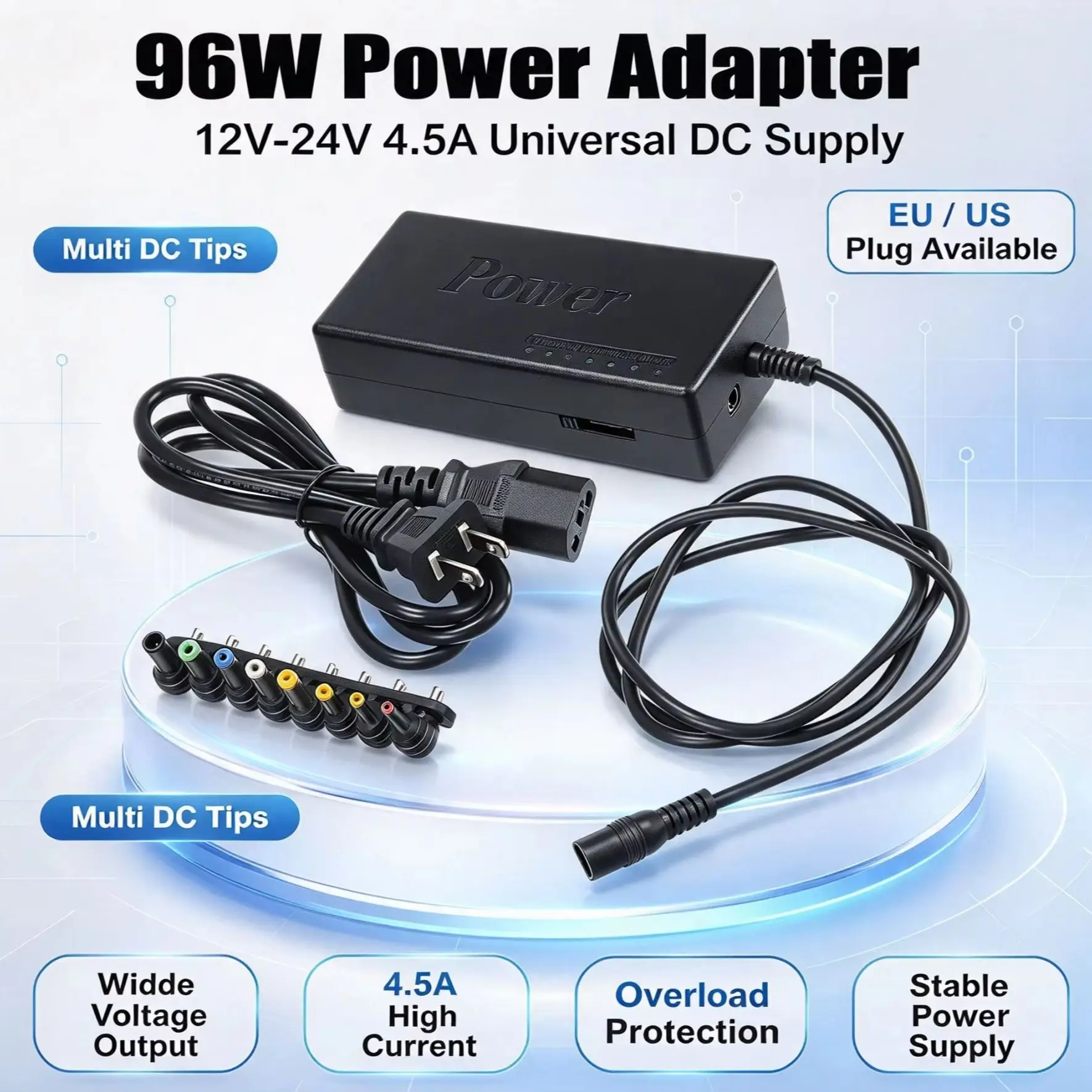 Adjustable Power Adapter 96W AC/DC 12V-24V 4.5A Laptop Charger Regulated Power Supply Universal EU US Plug