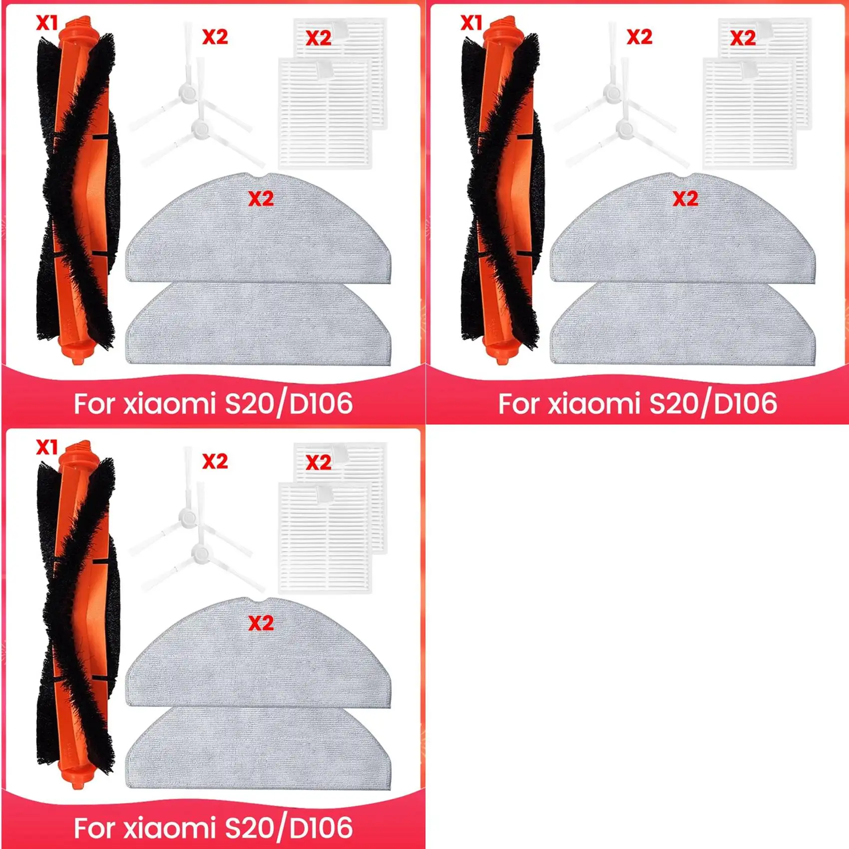 -FTGT 3 Set For Xiaomi Robot Vacuum Cleaner S20/D106 Parts Main Side Brush HEPA Filter Mop Cloth Replacement Parts Kit