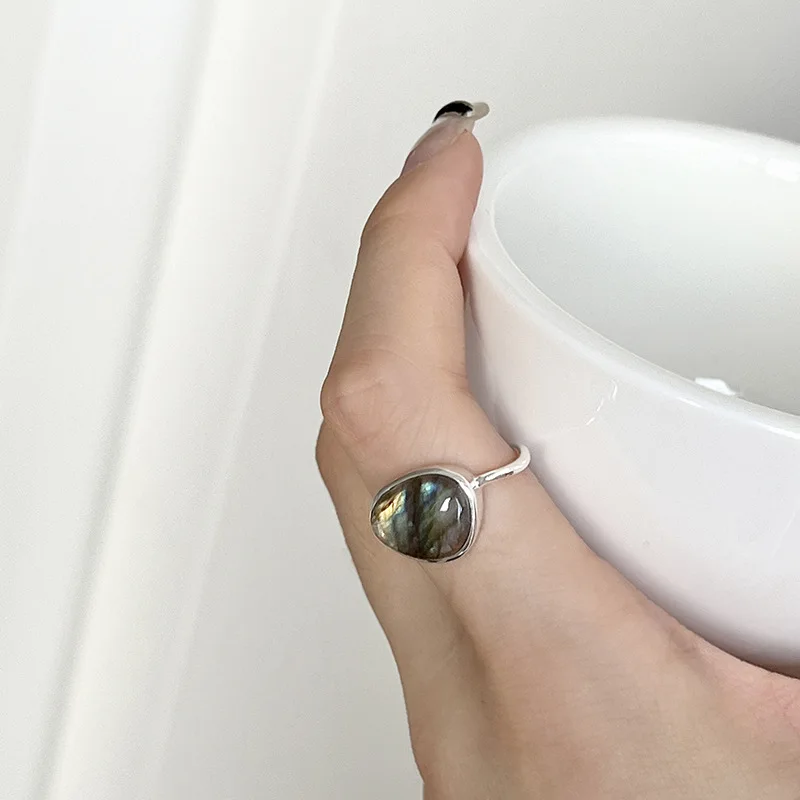 PANJBJ 925 Sterling Silber Mondstein Unregelmäßigen Ring für Frauen Party Geschenk Adjustabler Persönlichkeit Koreanische Dropshipping – Detail 24