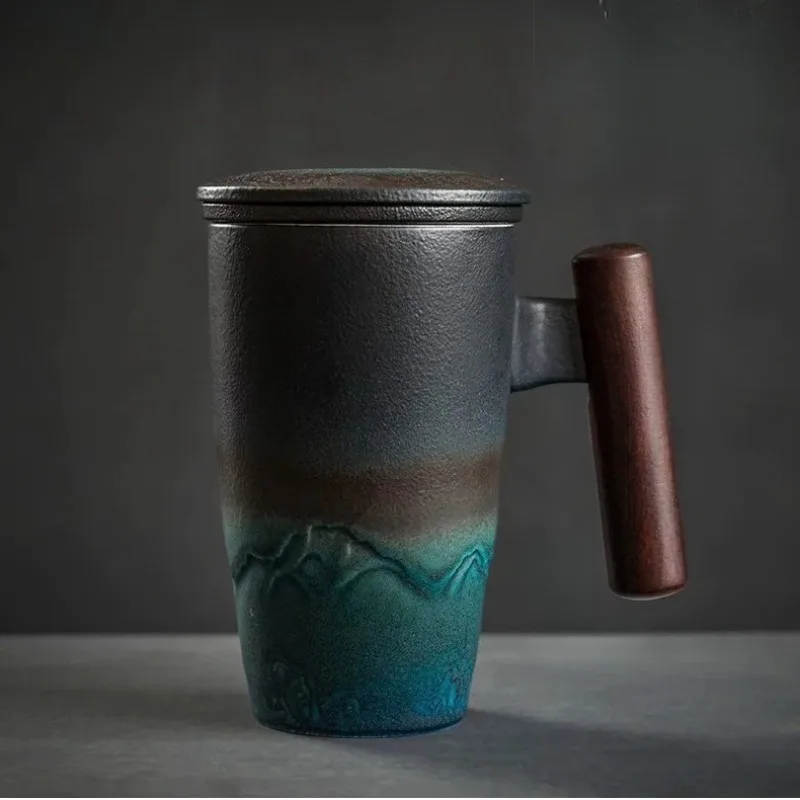 Ceramic Mug Creative Retro Pretty Tea Cup Large Capacity Office Filter Cup with Cover Mugs Wooden Handle Cups Home Drinkware