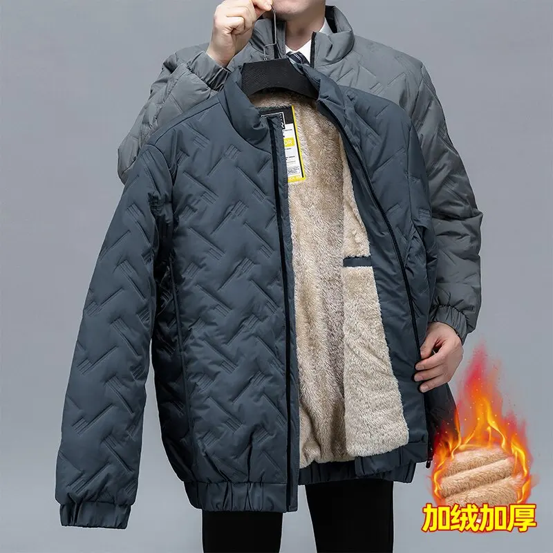 2024 Autumn and Winter Fashion Solid Color Plus Cashmere Warm Large Size Cotton-Padded Jacket Men's Casual Loose Windproof Coat