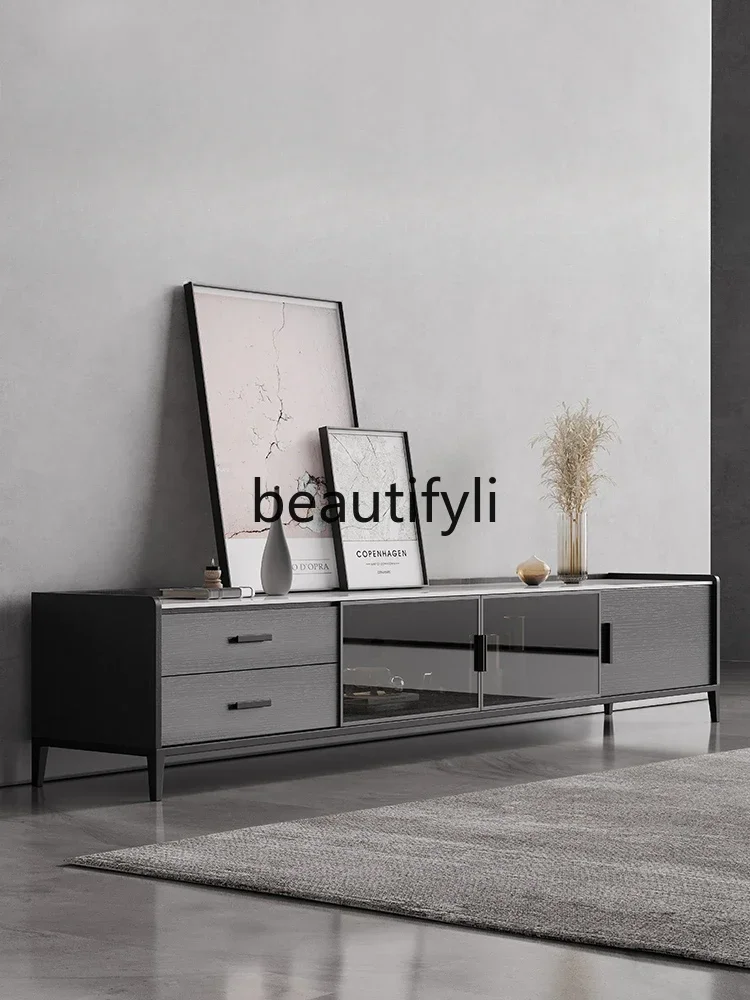 

Nordic rock slab solid wood TV cabinet coffee table combination modern living room black floor cabinet TV cabinet