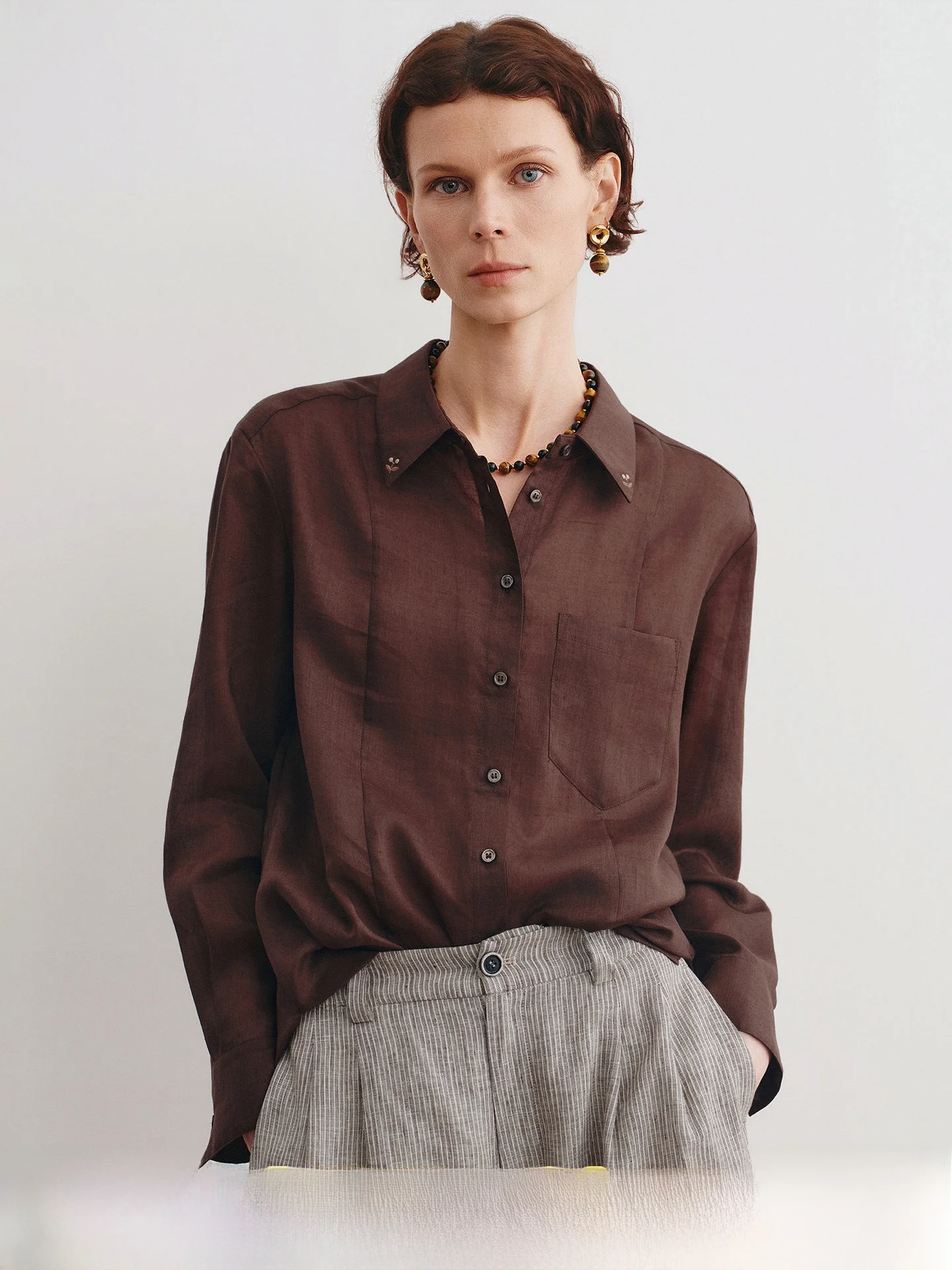 

Artistic Sle Lightweight Flax Lyocell irt Wing Thin Embroidered Paper Thin Person Loose Fit Long Sve Top