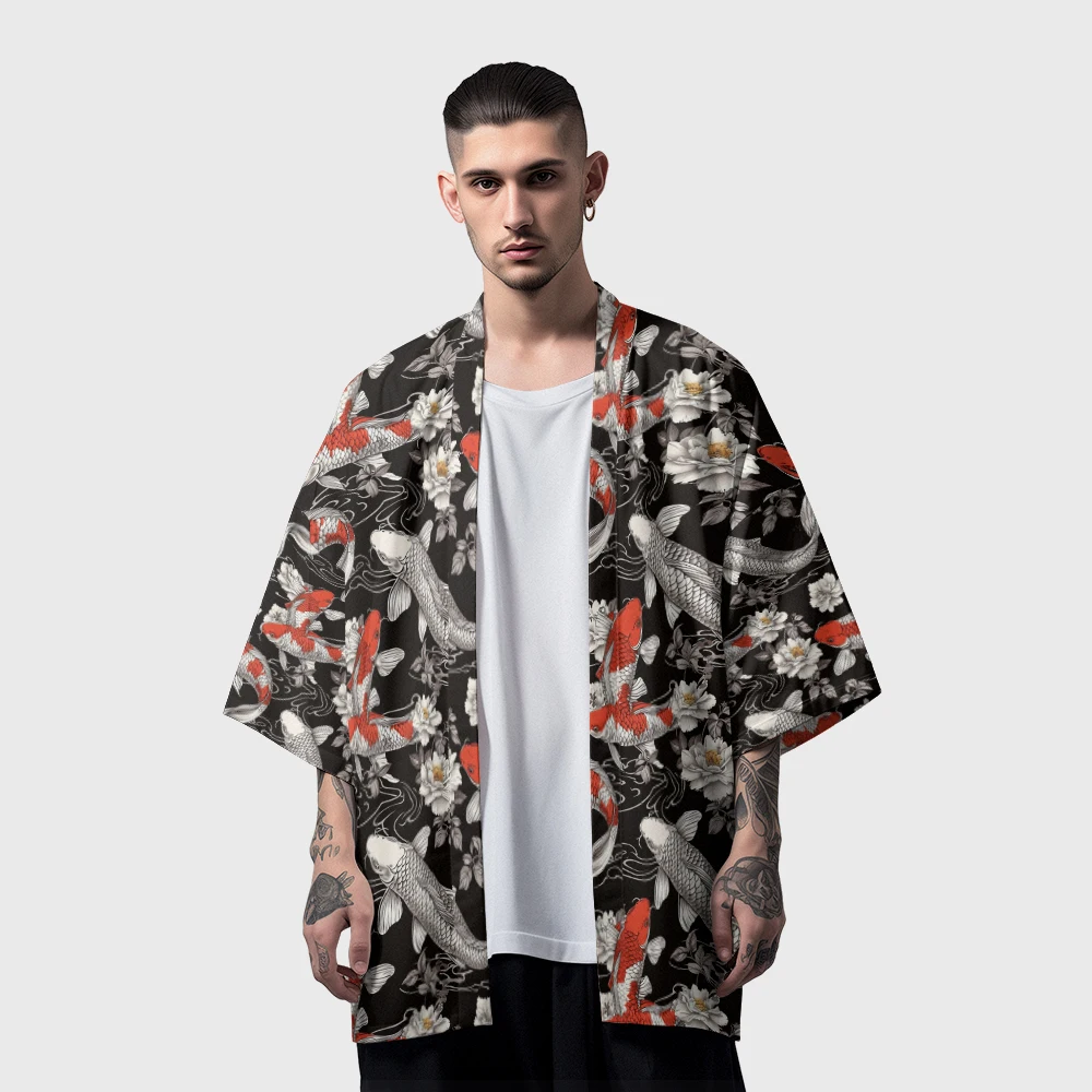 Summer Samurai Kimono Men Stylish Retro Haori Streetwear Kimono Cosplay Japanese Clothes Chic Cardigan Robe Fish Print Yukata