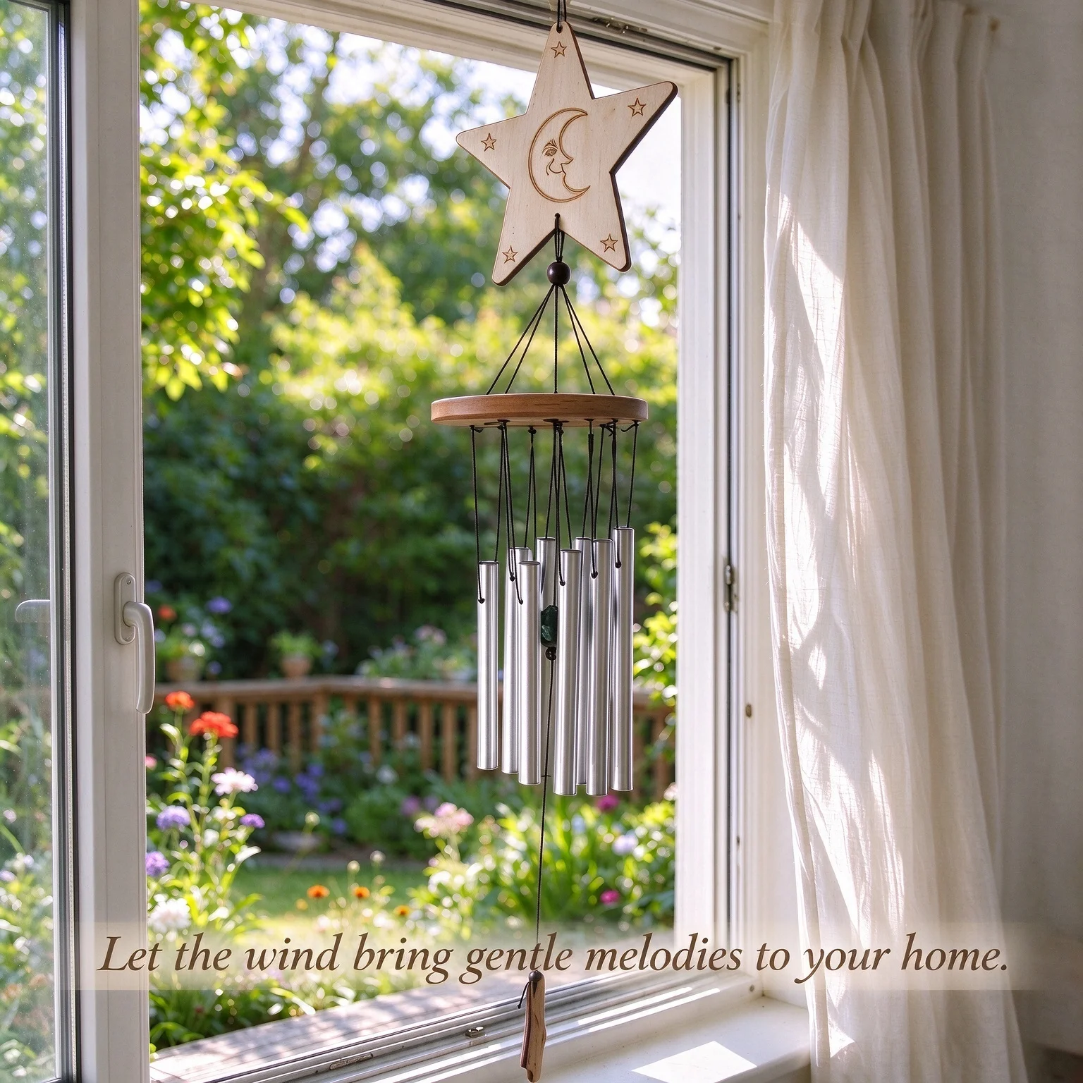 Wooden Wind Chimes Moon Face Indoor Outdoor Patio Balcony Decor Aluminum Tube Soothing Sound Home Garden Wall Hanging Ornament