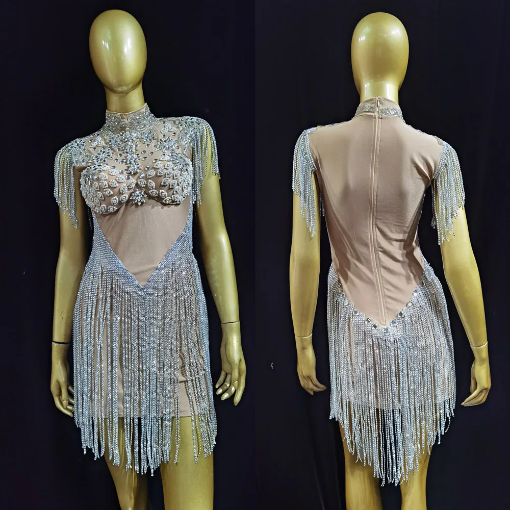 

Female singer dancer costume silver shiny rhinestone nude sexy mesh long fringed dance dress