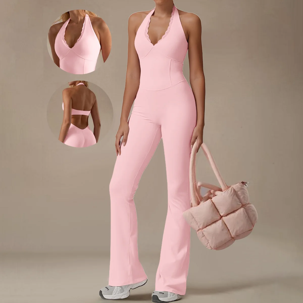 Balletcore Pink Activewear Jumpsuit Sexy Halter Backless Yoga Romper Women Casual Slim Fit Flared Leg Bodysuit Workout Tracksuit