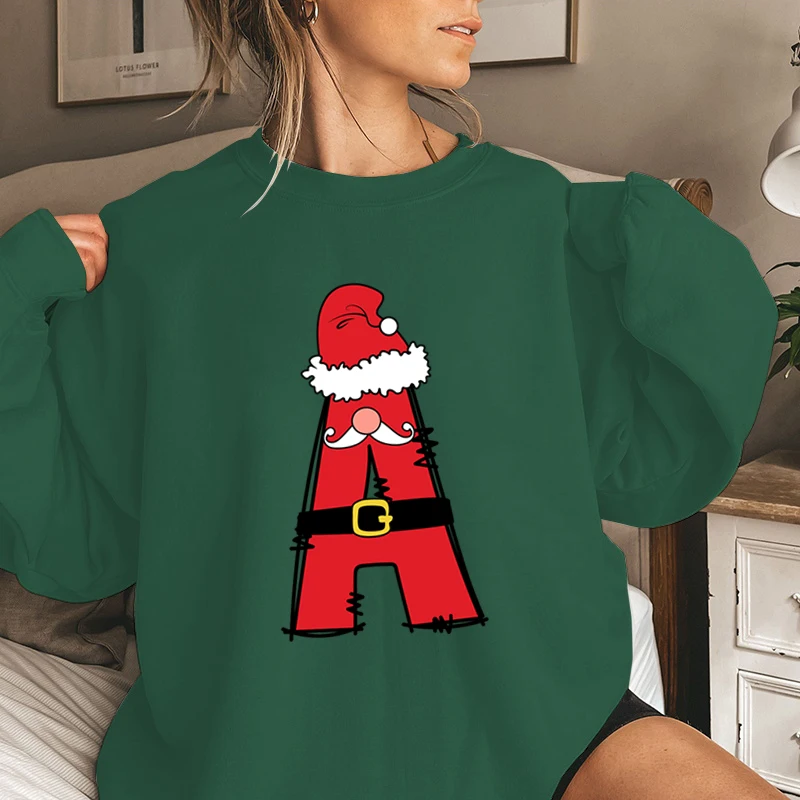 Creative Santa Claus 26 Alphabet Print Sweatshirt Women Classic Retro Fashion Pullover Surname First Letter Xmas Gift Sportswear