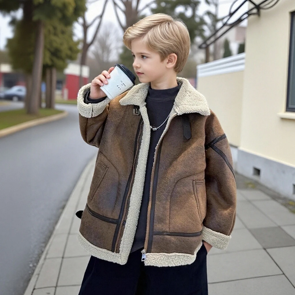 

Зимняя замшевая дубленка для детей-подростков, пальто на подкладке из искусственного меха для мальчиков и девочек, теплая куртка-дальнобойщик из овечьей шерсти, верхняя одежда для малышей