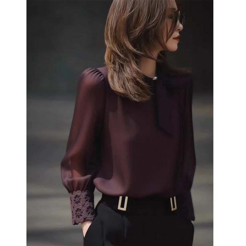 

Элегантные модные лоскутные кружевные топы, весенне-осенняя женская рубашка с длинными рукавами, модная офисная женская блузка