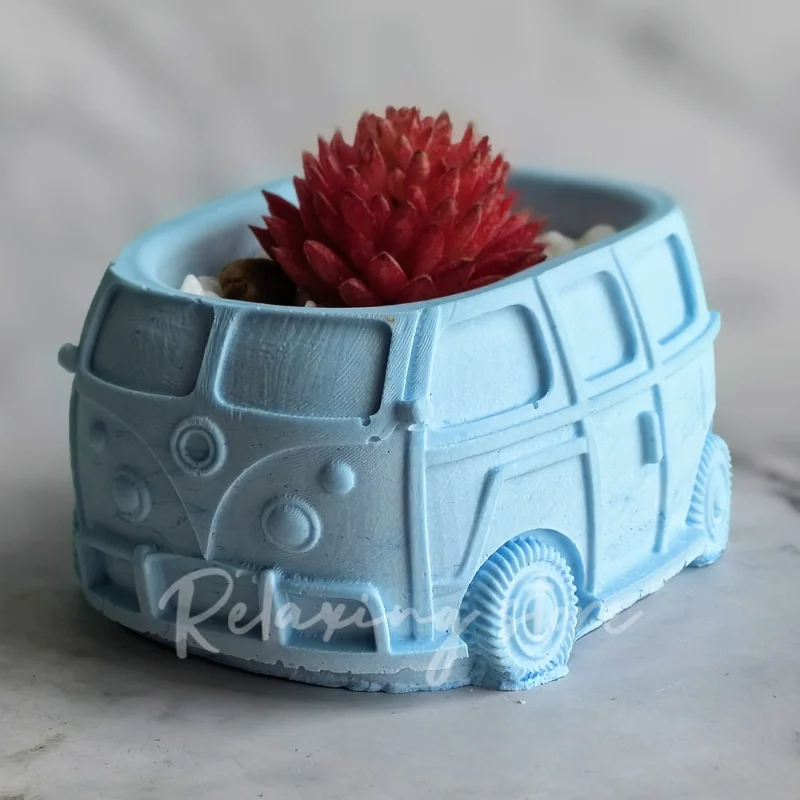 Creative Bus Flowerpot Silicone Mold Car Shaped Gypsum Concrete Succulent Plants Pot Mould  Plaster Container Garden Decoration