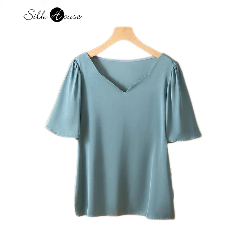 

Women's Casual Summer New Short Sleeved Lotus Leaf V-neck 93% Natural Mulberry Silk Elastic Satin Loose Short Sleeved T-shirt