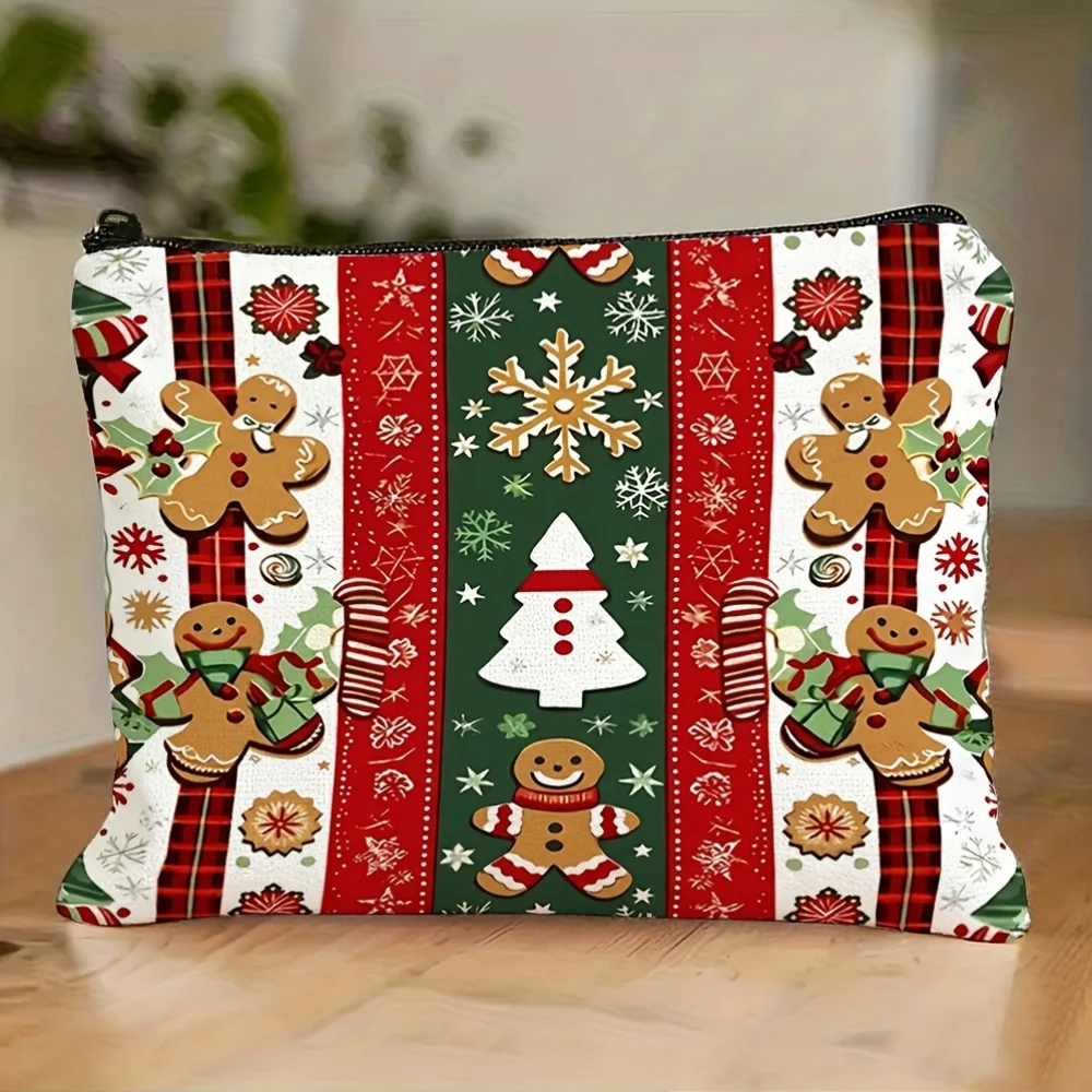 2D Flat Printing Christmas-Themed Printed Toiletry Bag/Makeup Bag Christmas Tree, Snowflakes,Double-Sided Printing Pouch