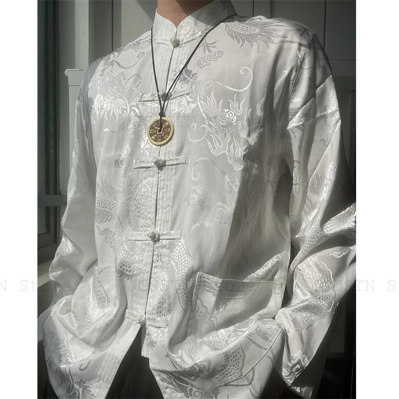 الرجال النمط الصيني أعلى الساتان تانغ الملابس التقليد تشيباو أعلى خمر الكونغ فو تاي تشي زي الجاكار التنين قميص معطف كبير الحجم