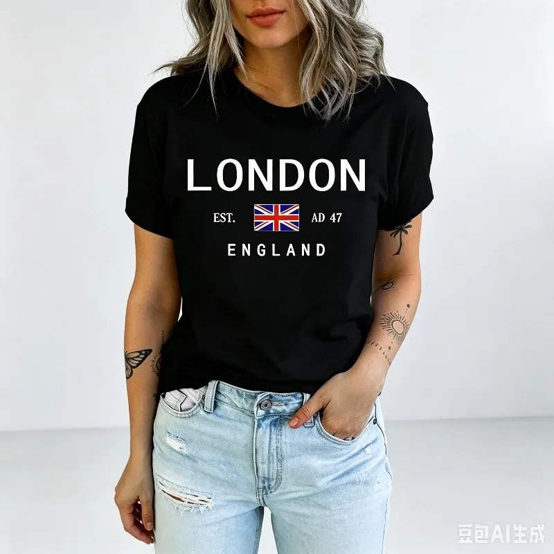 Summer Women London England T-Shirt Simple Versatile Short Sleeve Crew Neck Black White UK Flag Travel Casual Tee