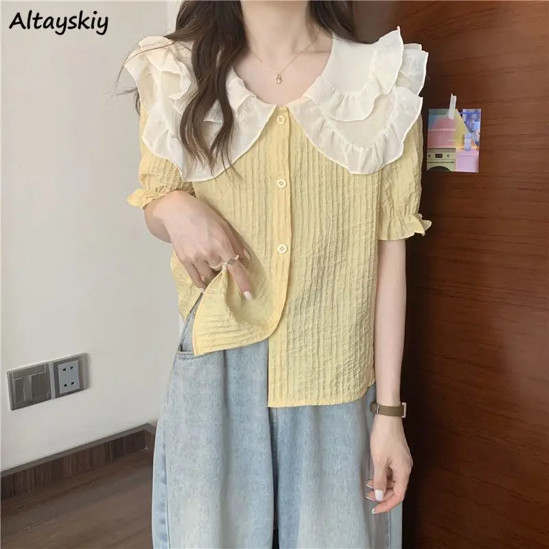 

3XL Peter Pan Collar Shirts Women Mesh Short Sleeve Sweet Summer Loose Tops French Style Age-reducing Leisure Chic Female Trendy