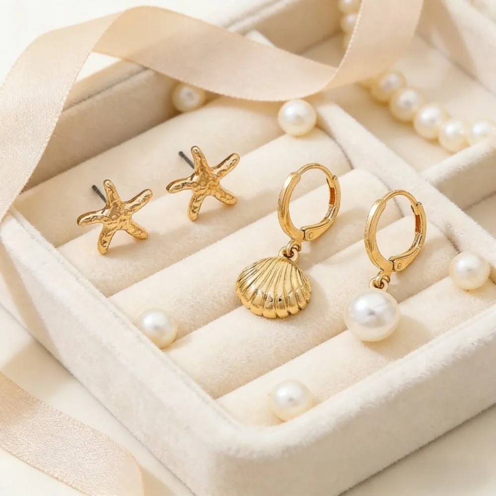 6Pcs Creative Ocean-Themed Shell and Starfish Imitation Pearl Earrings, Stylish Women's Earring Set, a Must-Have for Summer Vacations, Beach Parties, and Everyday Casual Outings
