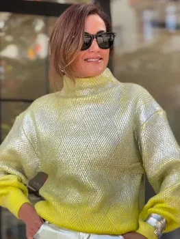 Pull à col haut nickel é brillant pour femme, manches longues, élégant, streetwear pour femme, mode Rotterdam, 2024