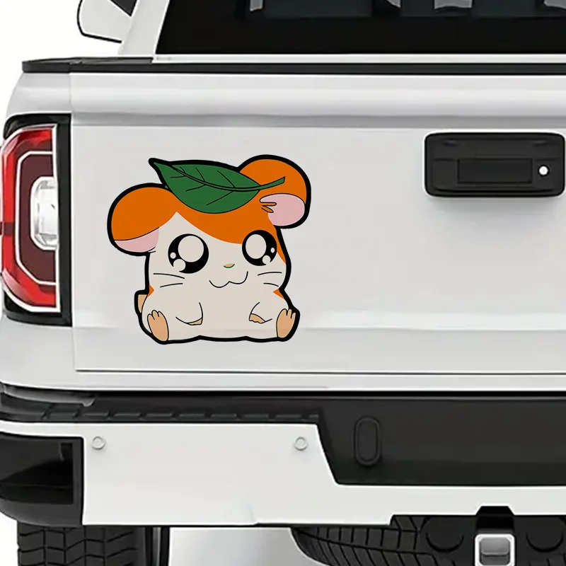 1 Adorable Hamtaro Vinyl Car Sticker Decal - Funny orange and white figure with green leaf accents, matte self-adhesive