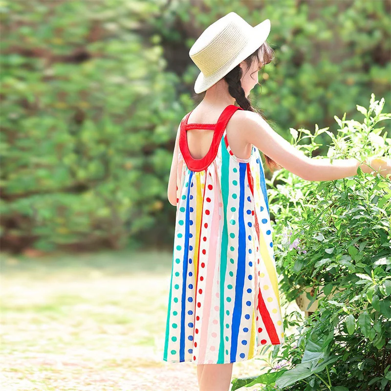 Fashionable Kids Girls Colorful Striped Polka Dot Sundress Sleeveless Summer Dress with Red Collar Children Soft Casual Costume 2