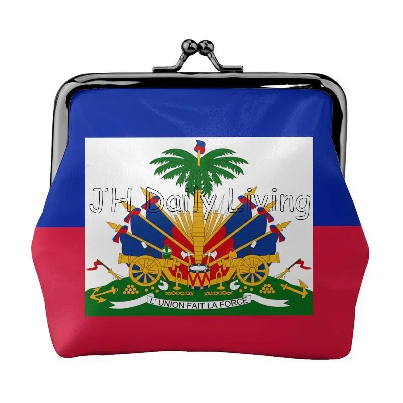 Haiti Flag Print Women's Leather Coin Purse Small Change Pouch with Kiss-Lock Clasp Closure Buckle Wallet for Girl Gift