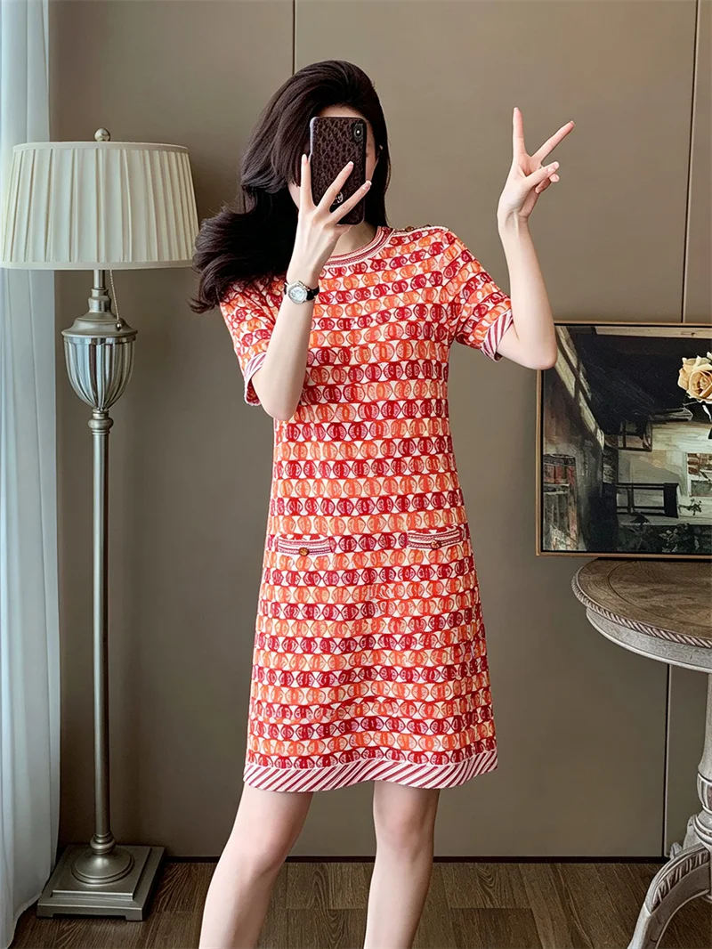 2026 Summer New Dress Women's Round Neck Short Sleeve Jacquard Knitted Dress Straight Tube Small Fragrant Style Short Dress