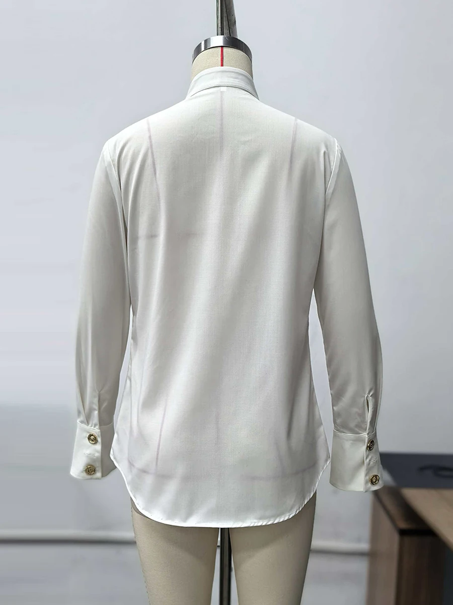 VGH French Retro Office Style Blouse for Women Stand Collar Long Sleeve Spliced Ruffles Folds Temperament Shirt Female Autumn