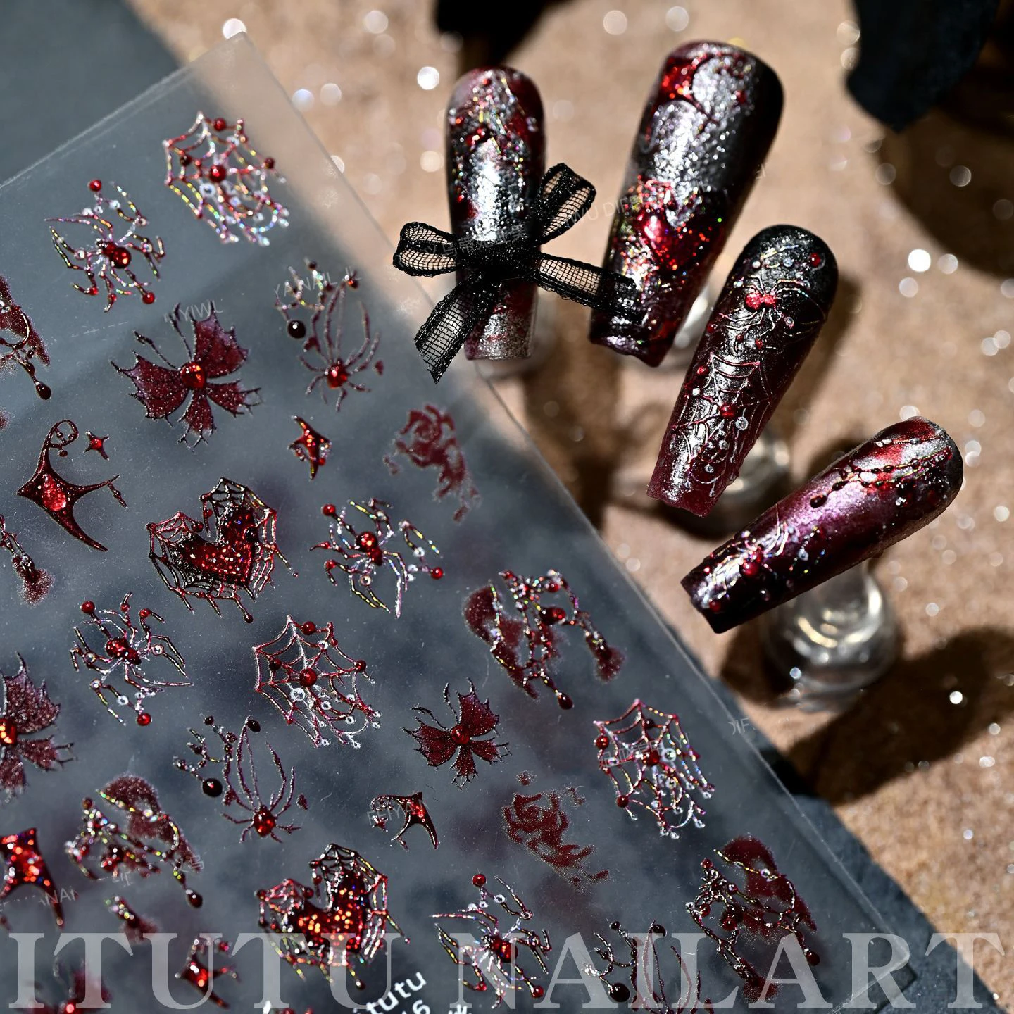 5D Glitter scuri Laser Gelatina Blu Sangue Rosso Che scorre Ragnatela Farfalla Amore Unghie artistiche Adesivi Decalcomanie Manicure Halloween Charms