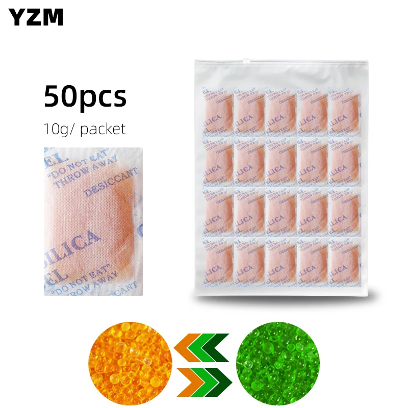 Paquete de 50 botellas de cuentas de Gel de sílice reutilizables, impermeables, color naranja, absorbente de humedad, producto electrónico, deshumidificador dessecante, 10g