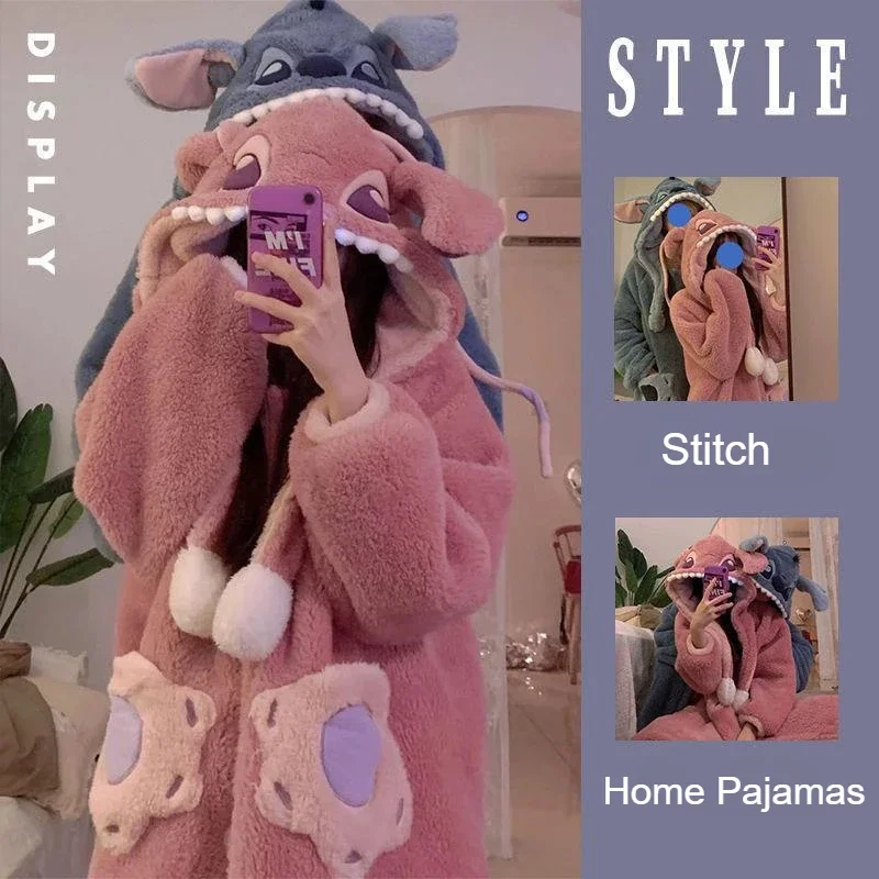 Disney Stitch Coral Velvet Pajamas Cartoon Fall and Winter Thickened Plush Couple Bathrobe Women's Hooded Long Pajamas Homewear