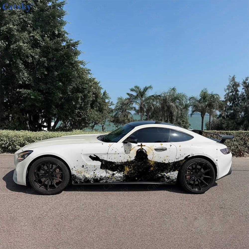 2pcs Splatter Cross Holy Figure Car Side Wraps, Self-Adhesive PVC Waterproof & Scratch-Resistant Stickers, Car Accessory Gift