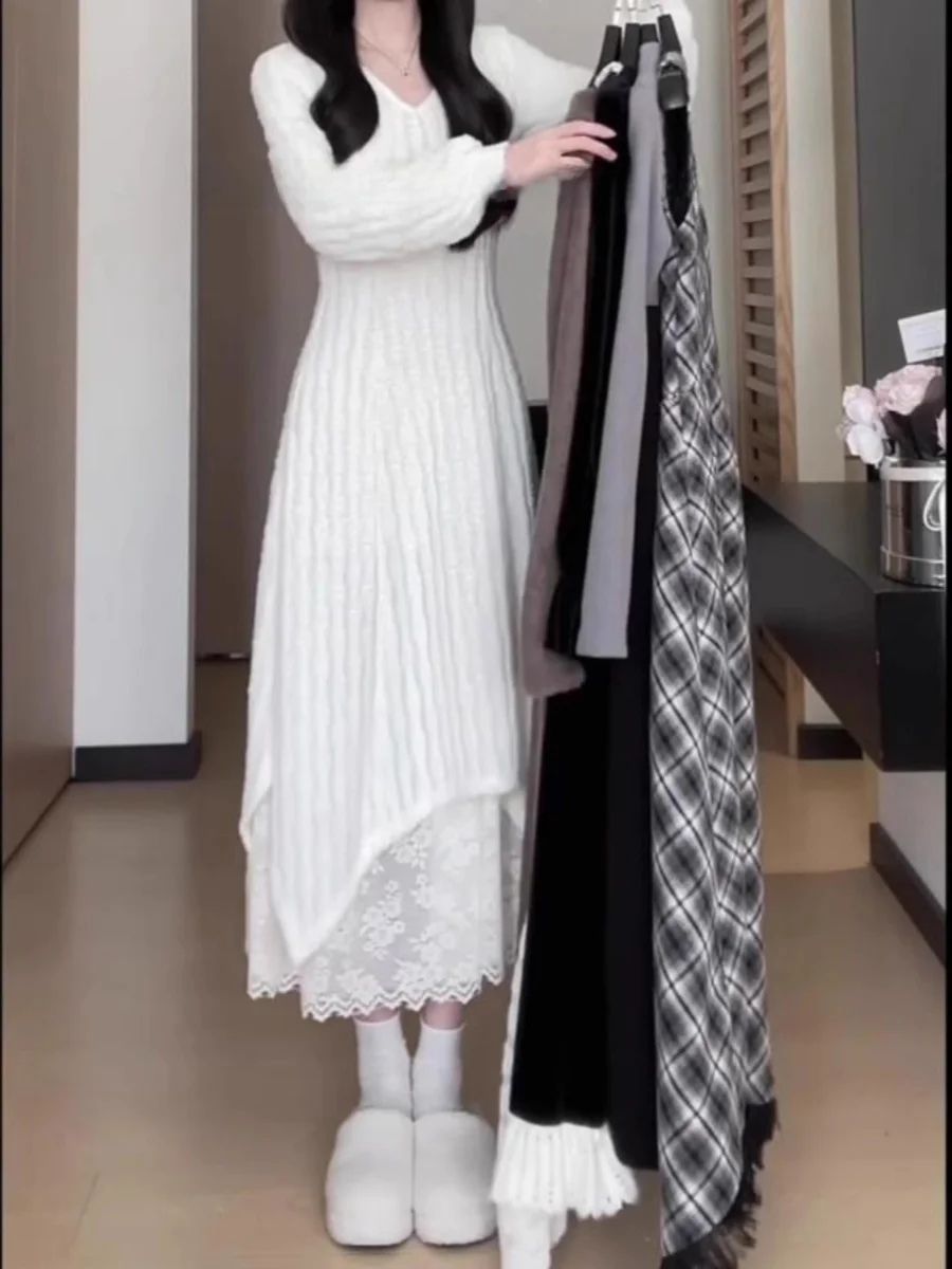 Plus size malha longa sve dr camisola de camada base feminina dr renda emenda longo dr casual sle a linha silhueta