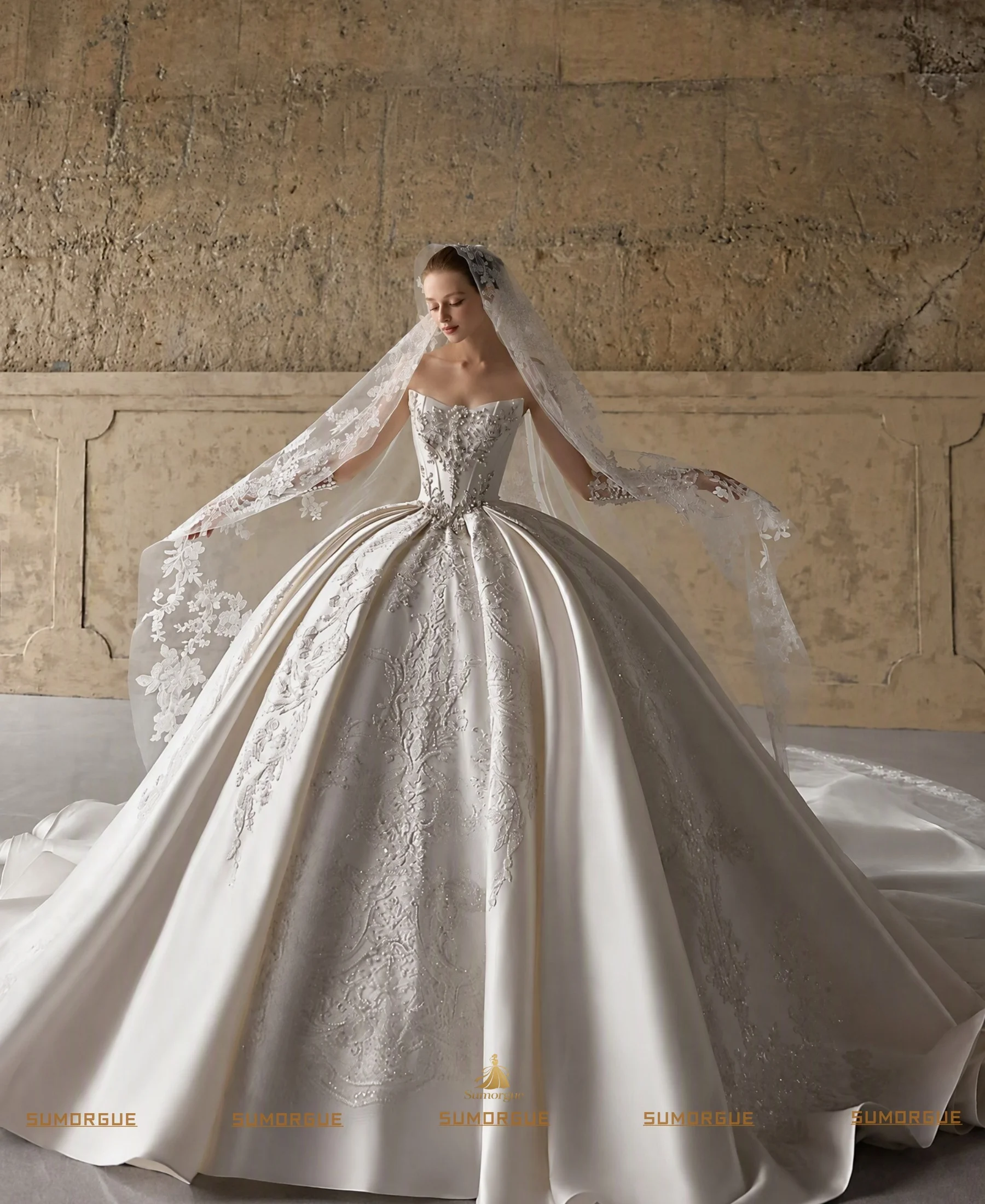 Luxury Off The Shoulder High Quality Satin Wedding Dress Lace Embroidery With Beading high-end Customized Vestidos De Noiva