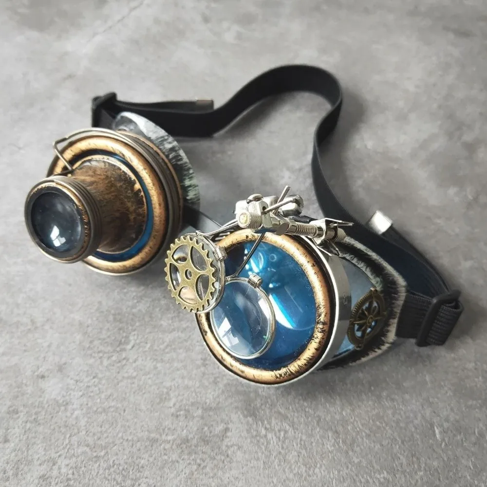 Colored Lenses Steampunk Goggles Detachable Lens Side Magnifier Cosplay Glasses Distressed Frame Exquisite Costume Prop
