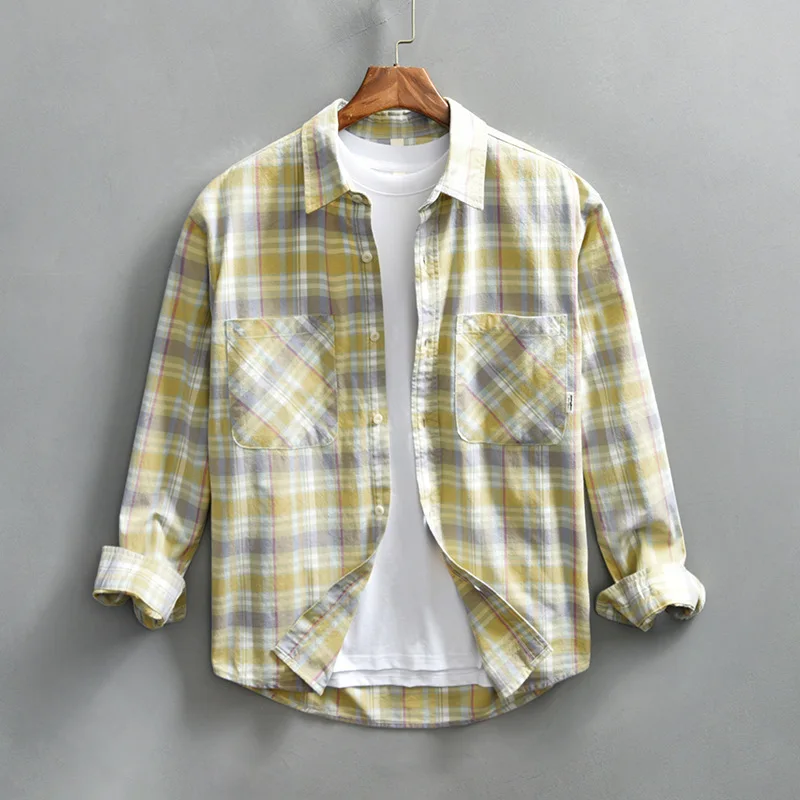 110kg Wear 100% Cotton Retro Plaid Men Shirts 2024 Spring Autumn Preppy Long Sleeve Blouse for Youth Handsome Male Casual Coats